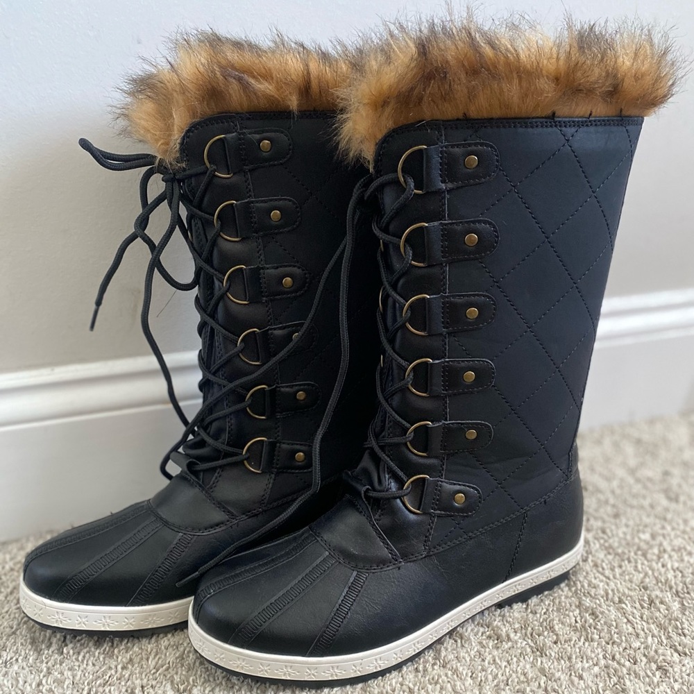 Knee-high Faux Fur Trim Black Snow Boots, Women’s Size 9